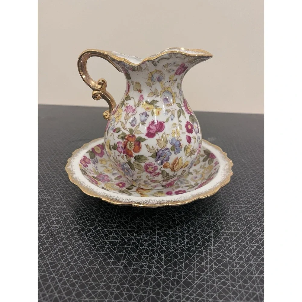 Lefton China Hand Painted Chintz Floral Pitcher. 51/2